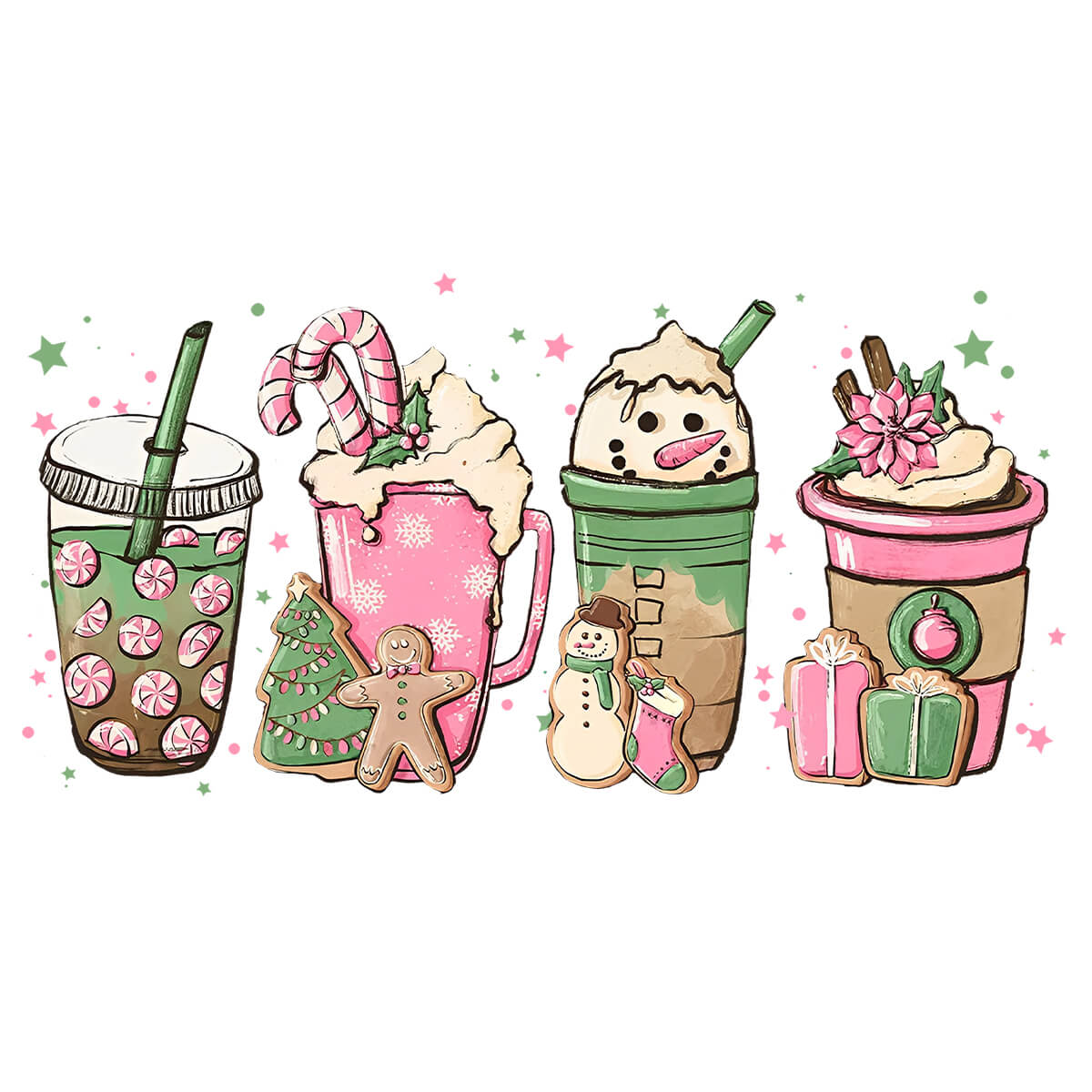 Pink Gingerbread Snowman Christmas Drink - DTF Transfer Ready To Press