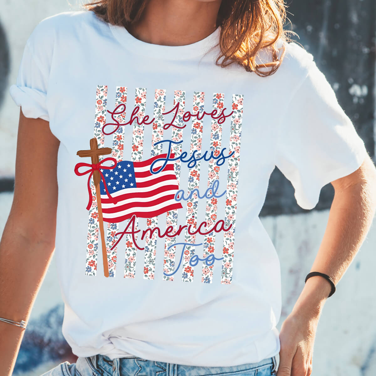 She Loves Jesus And America Too - Floral Cross - DTF Transfer Ready To Press