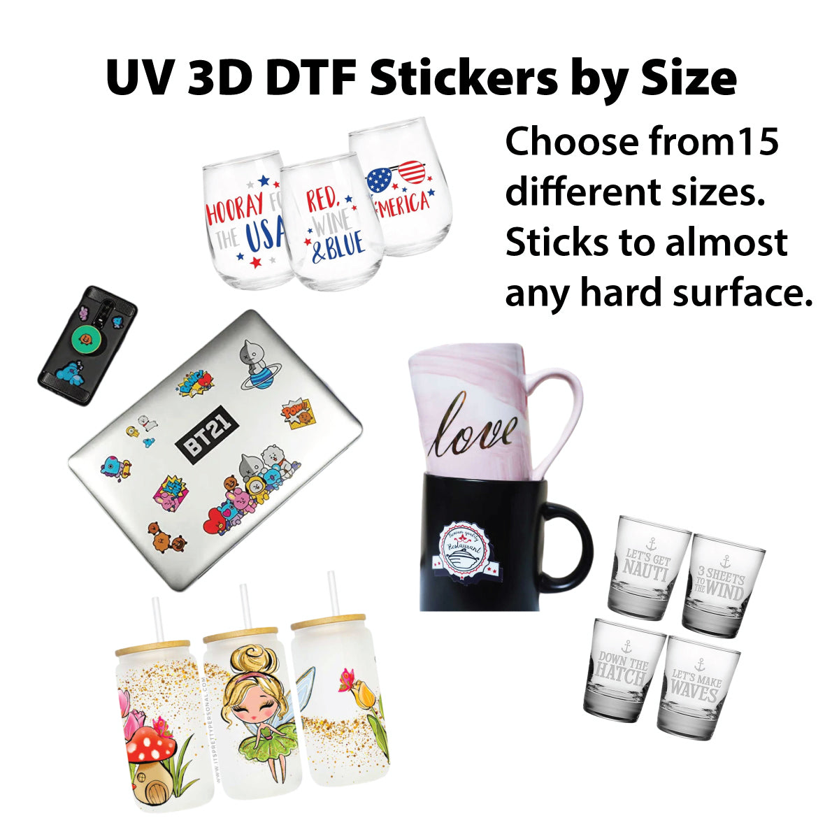 UV 3D DTF Stickers by Size