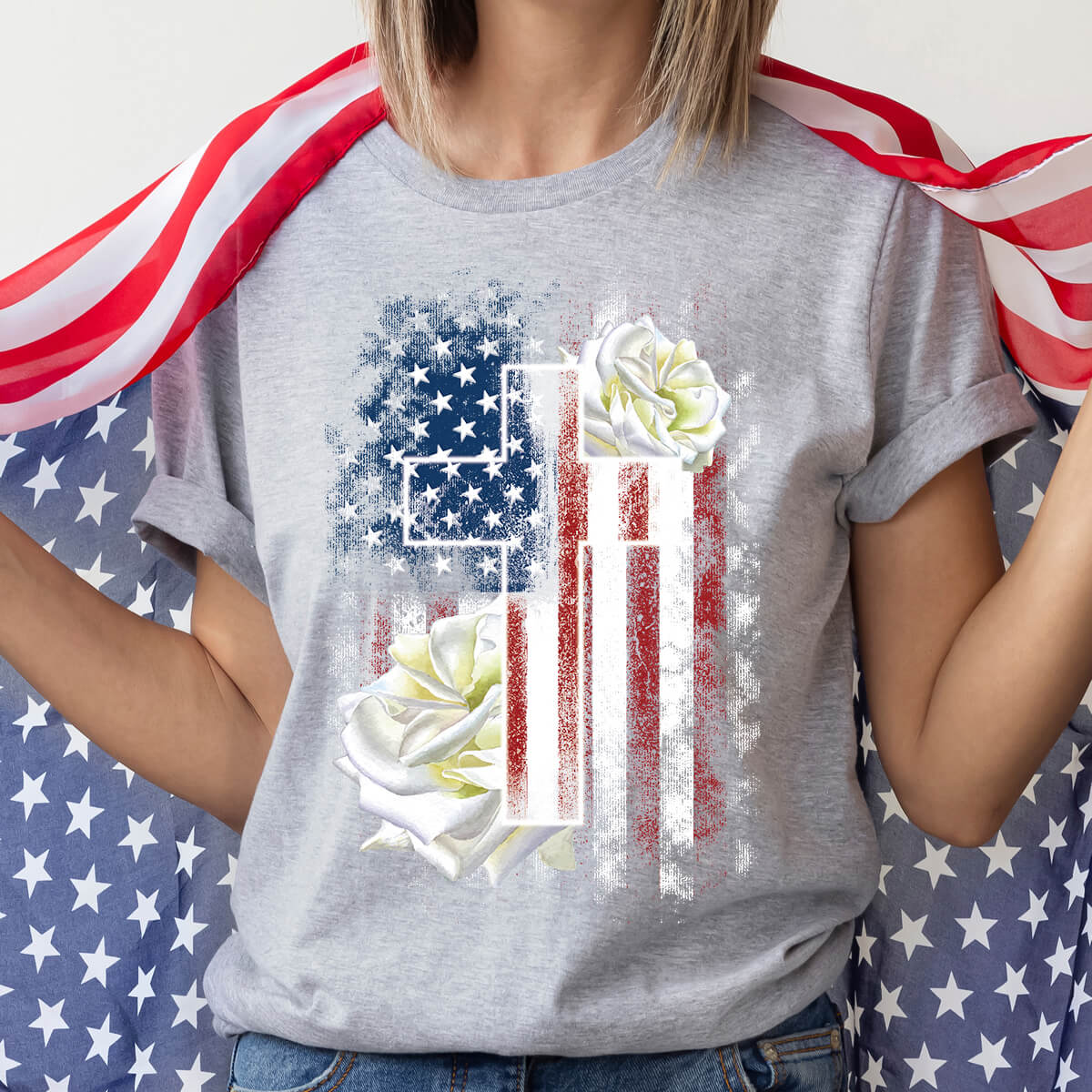 American Flag Cross With Roses - DTF Transfer Ready To Press